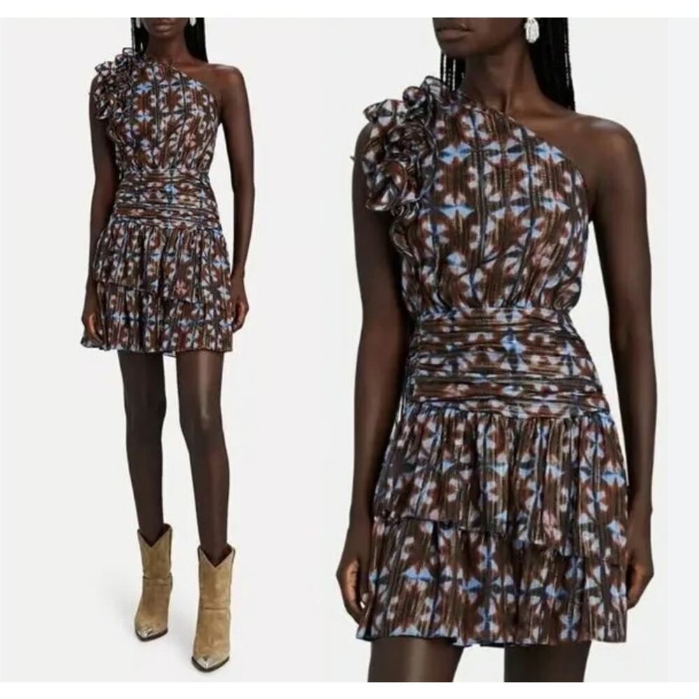 Ulla Johnson Kaia One Shoulder Ruffled Black Blue Silk Blend Mini Dress New 10